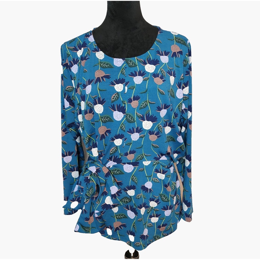 ELOQUII Size 18/20 Teal Botanical Floral Peplum Sash Blouse Office Workwear EUC